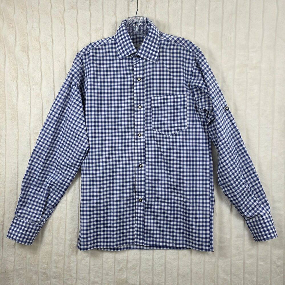 Trachten Kaiser München Shirt Men's Blue White Check Button Oktoberfest Size  S